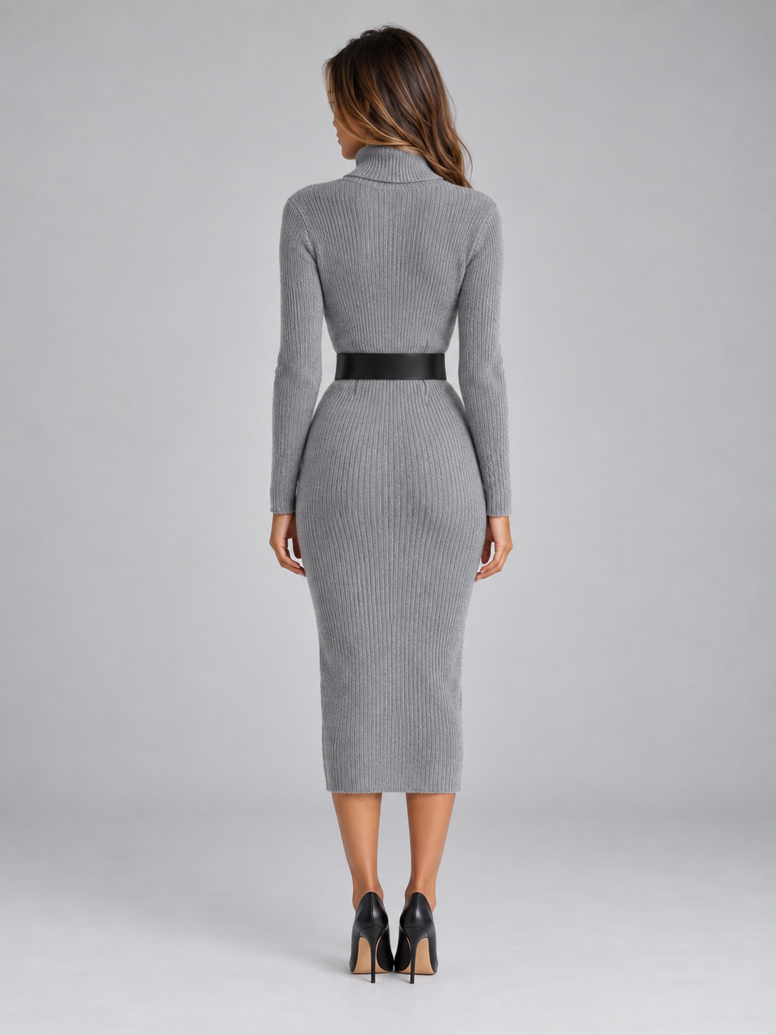 Ribbed turtleneck midi sweater dress with long sleeves and wide buckle belt - view 3