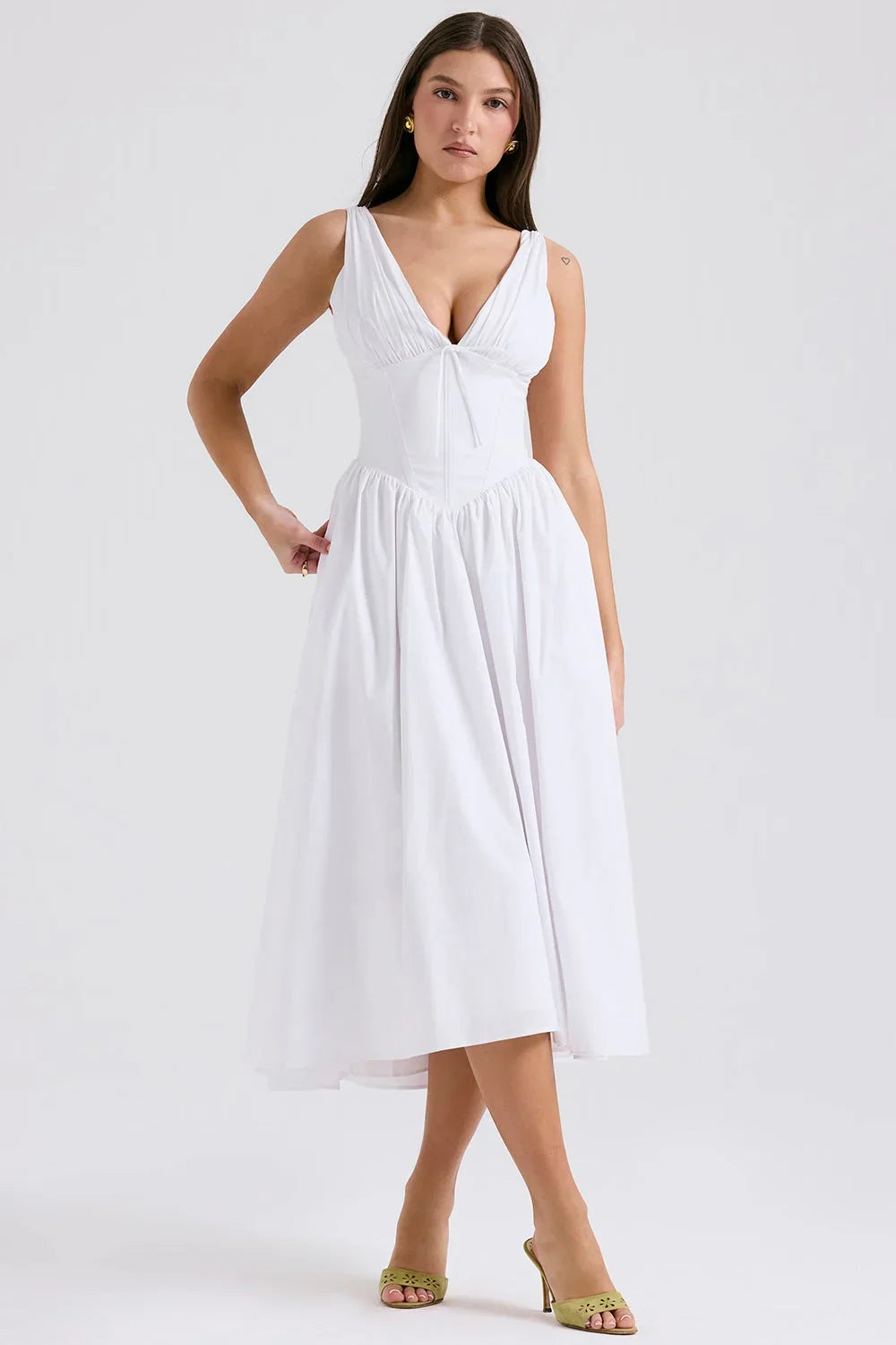 Georgia V-neck corset midi dress with ruched bust and flared skirt - view 10