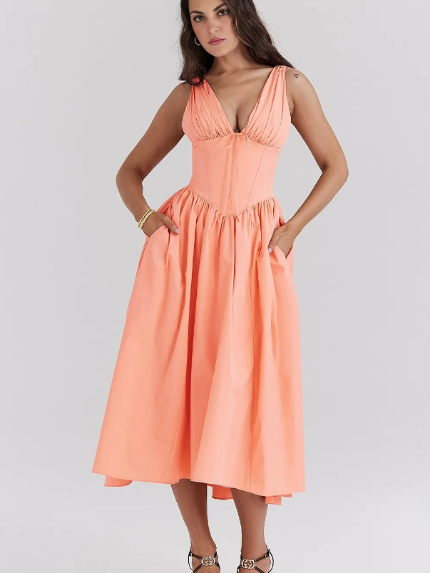 Georgia V-neck corset midi dress with ruched bust and flared skirt - view 2