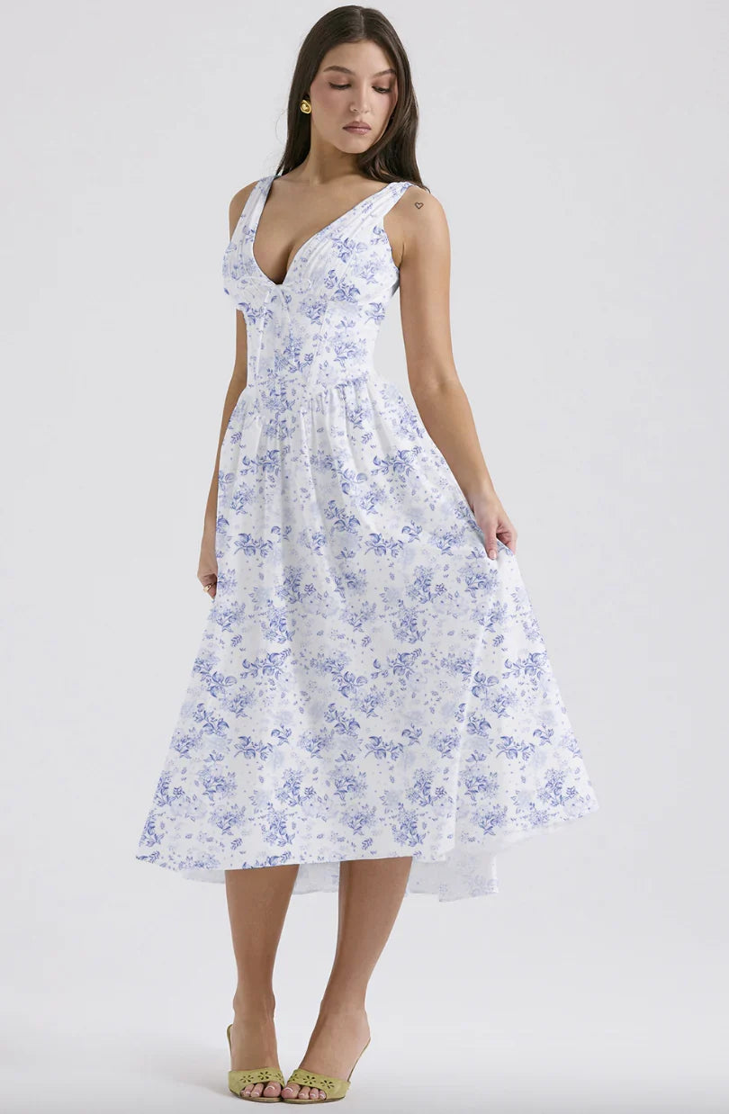 Georgia V-neck corset midi dress with ruched bust and flared skirt - view 8