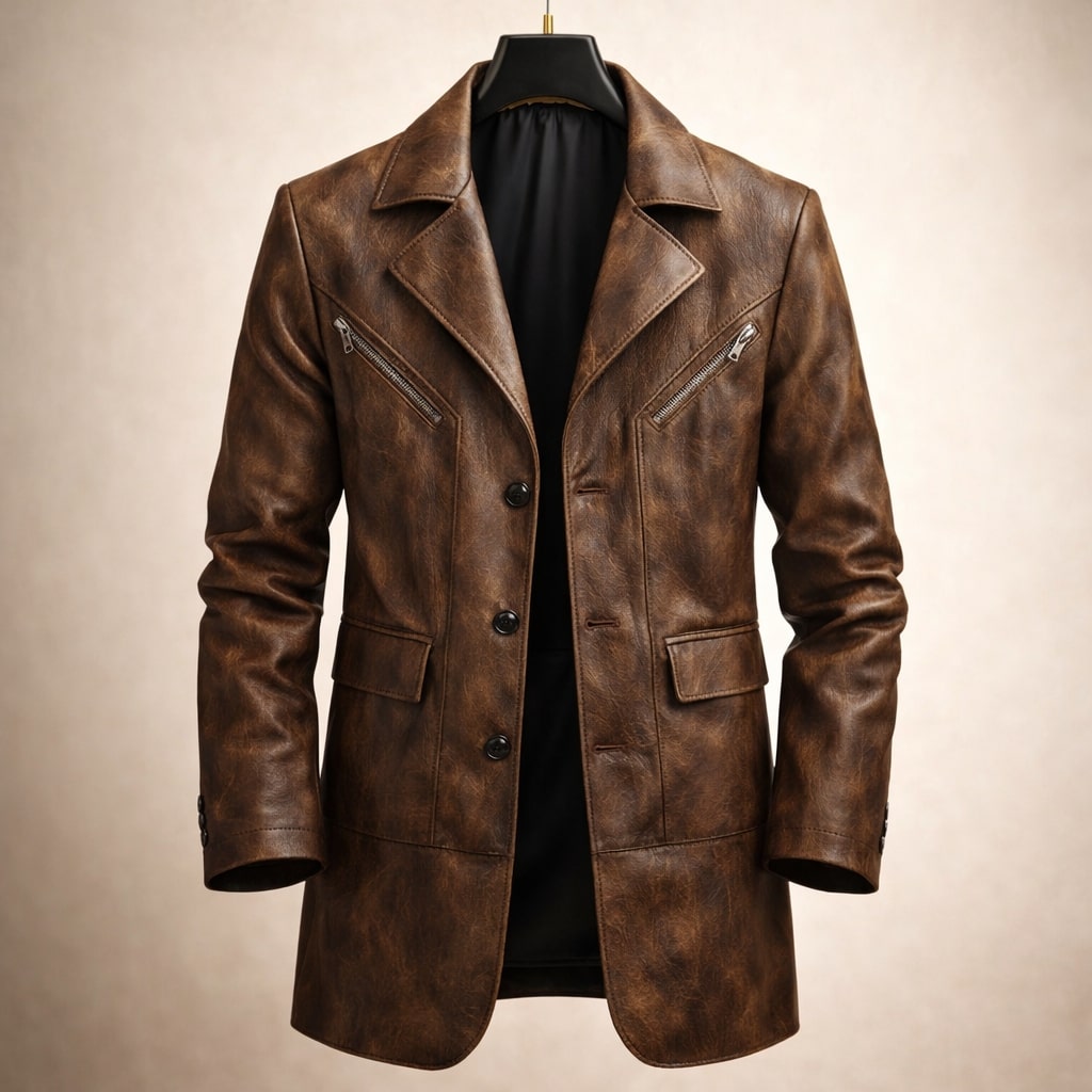 Men's distressed brown faux leather jacket with notched lapels, button front and zip chest pockets