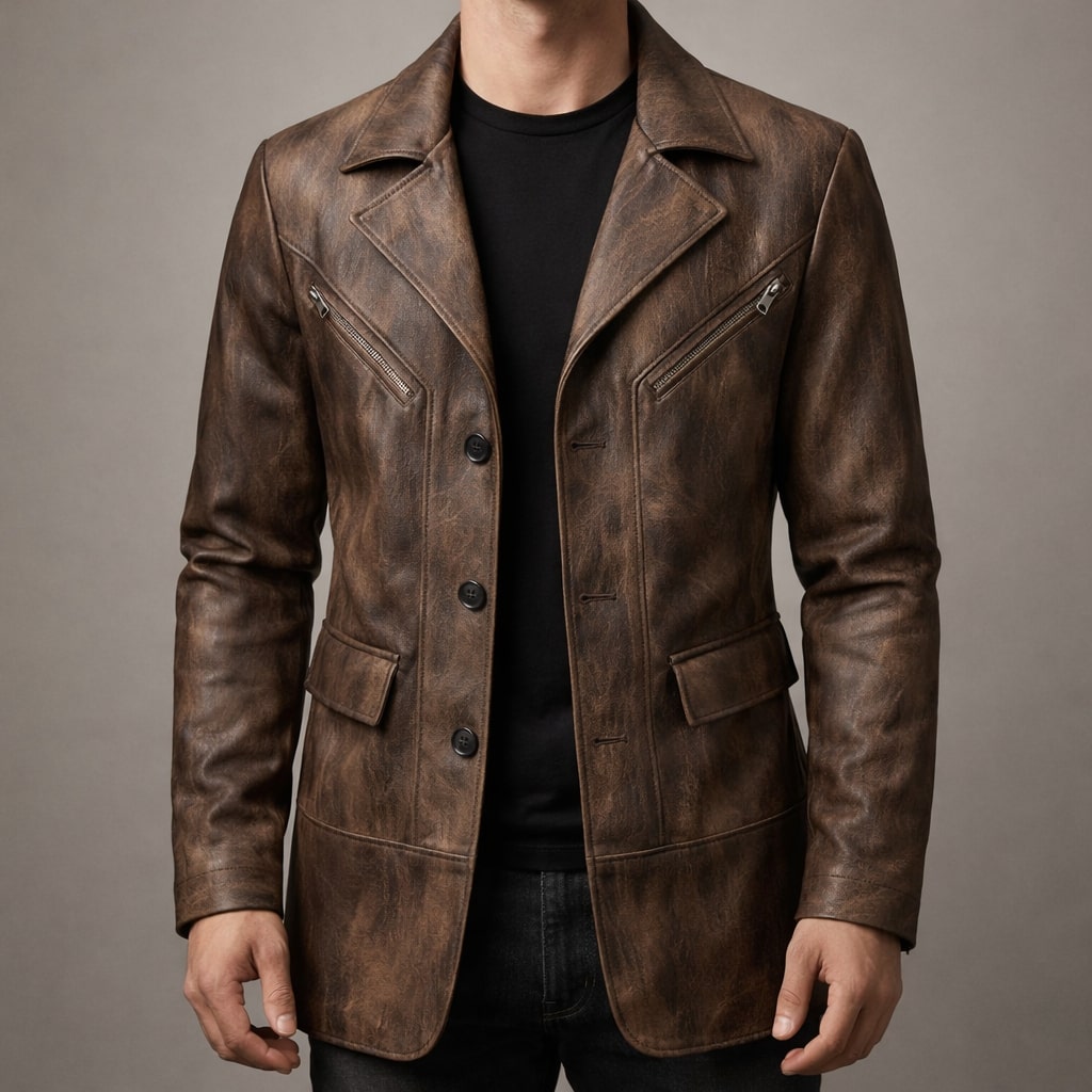 Men's distressed brown faux leather jacket with notched lapels, button front and zip chest pockets - view 2