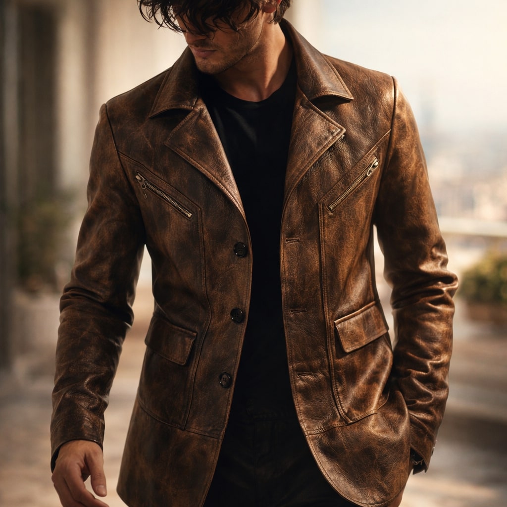 Men's distressed brown faux leather jacket with notched lapels, button front and zip chest pockets - view 3