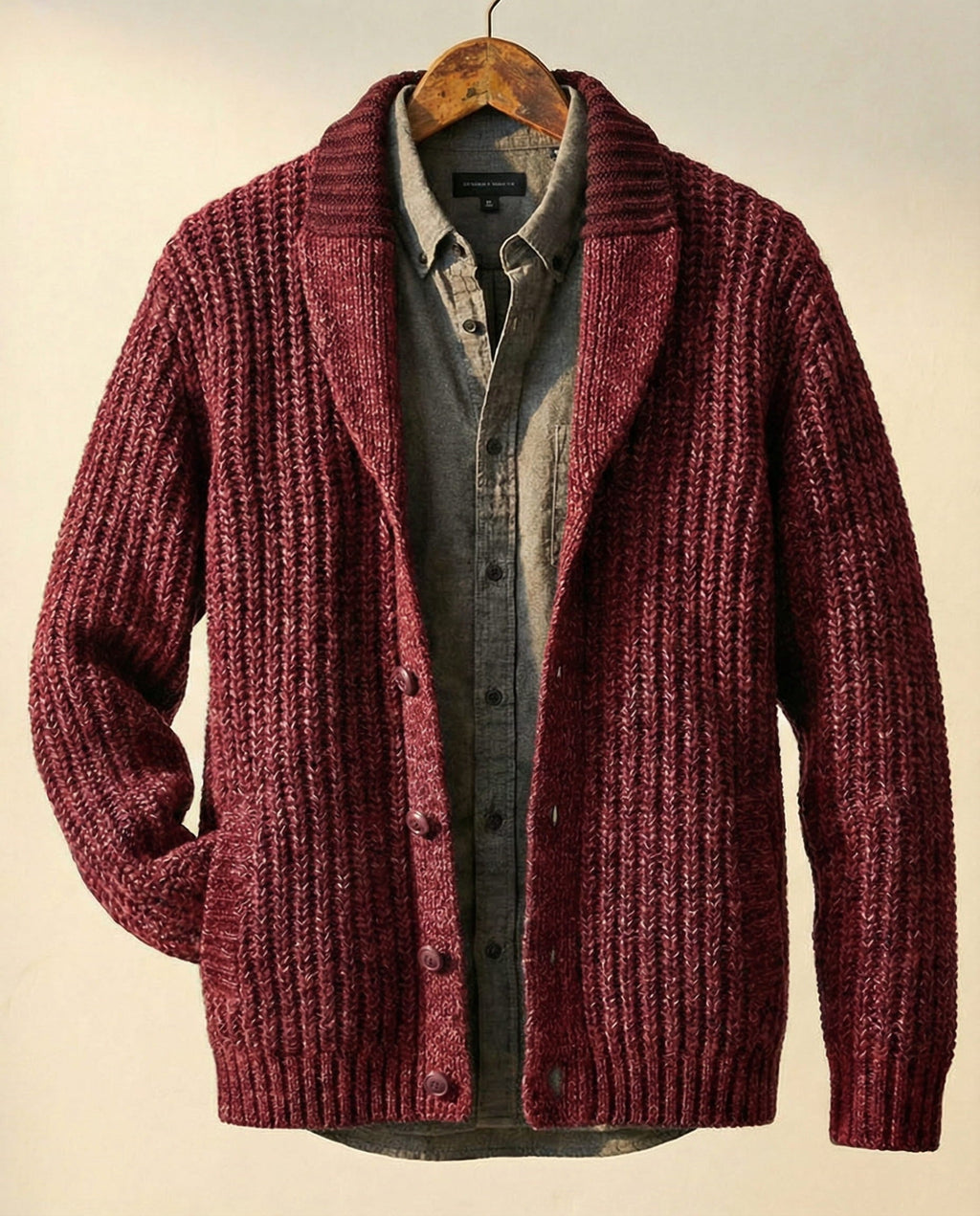 Men's shawl collar cardigan sweater in chunky ribbed marled knit