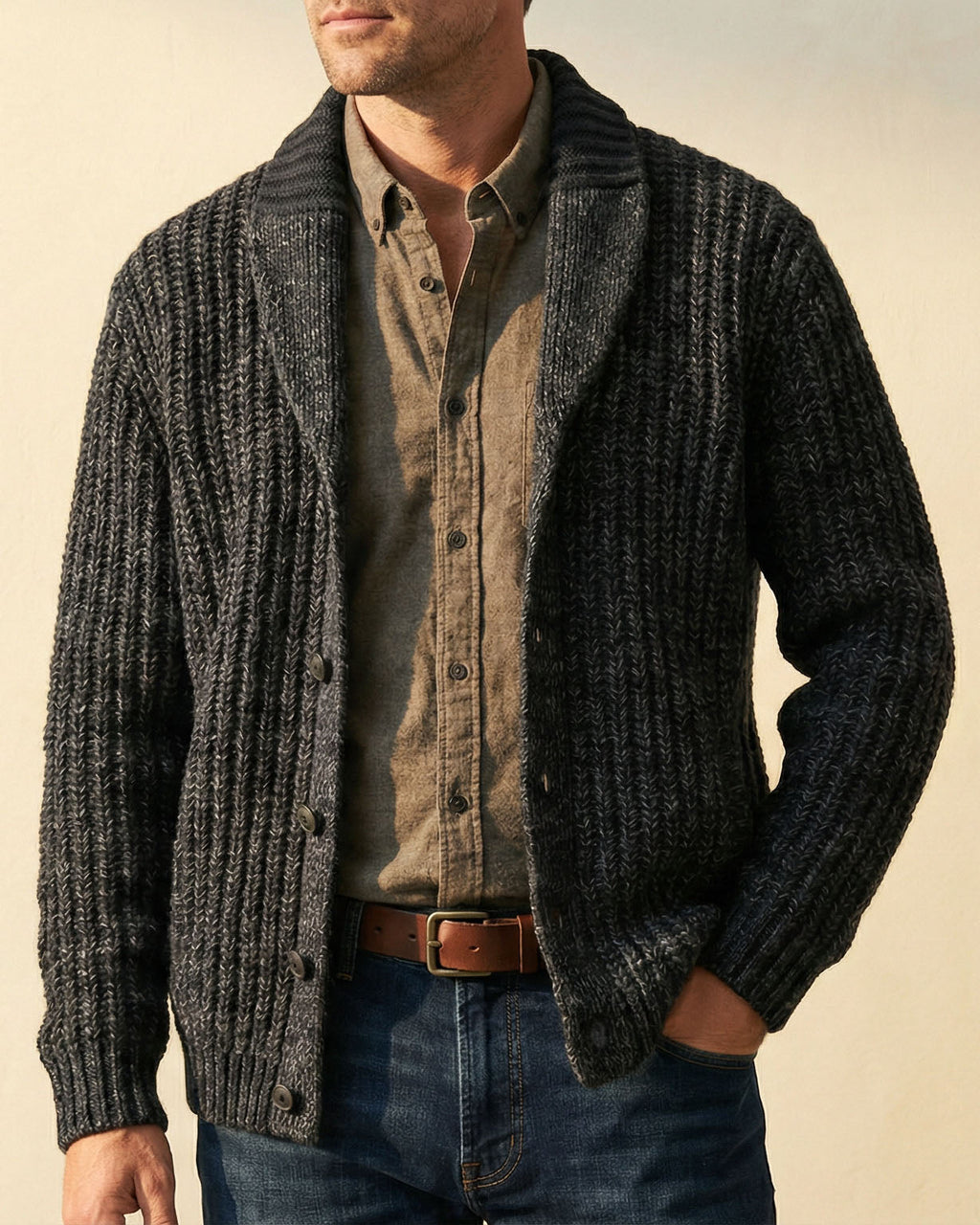 Men's shawl collar cardigan sweater in chunky ribbed marled knit - view 10