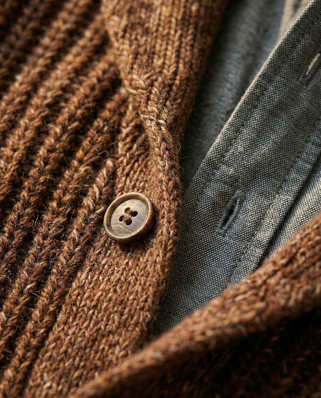 Men's shawl collar cardigan sweater in chunky ribbed marled knit - view 7