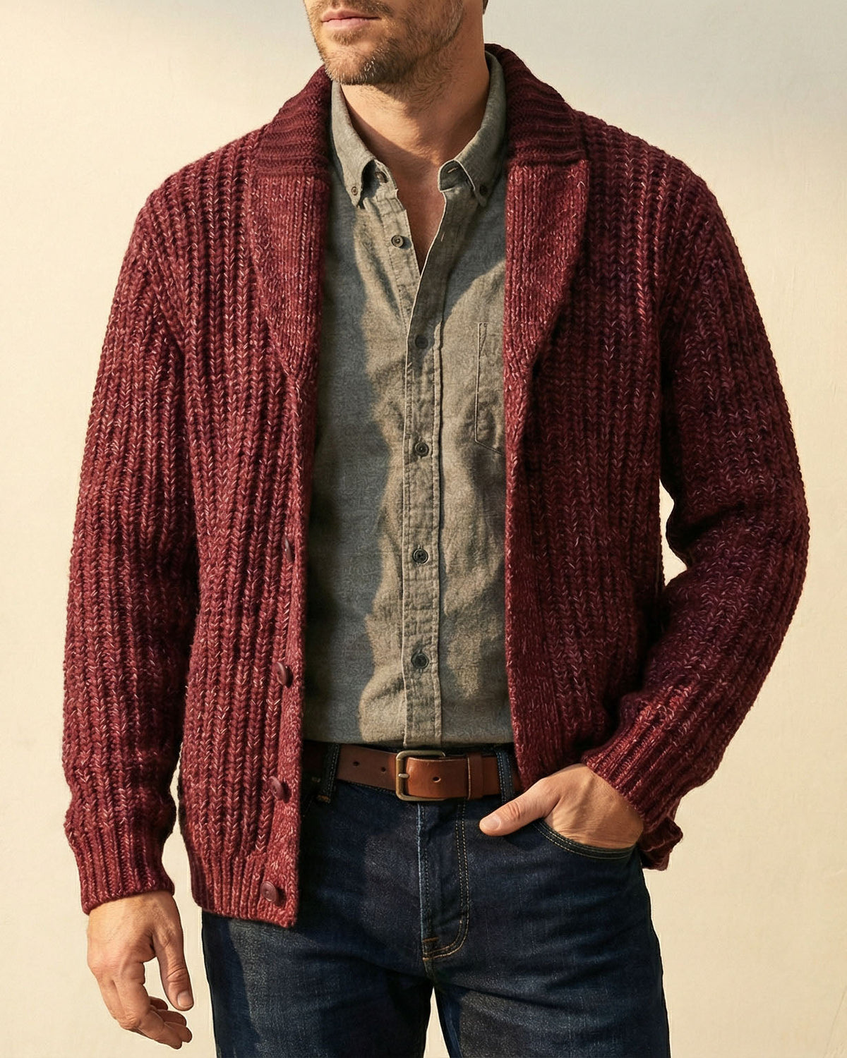 Men's shawl collar cardigan sweater in chunky ribbed marled knit - view 8