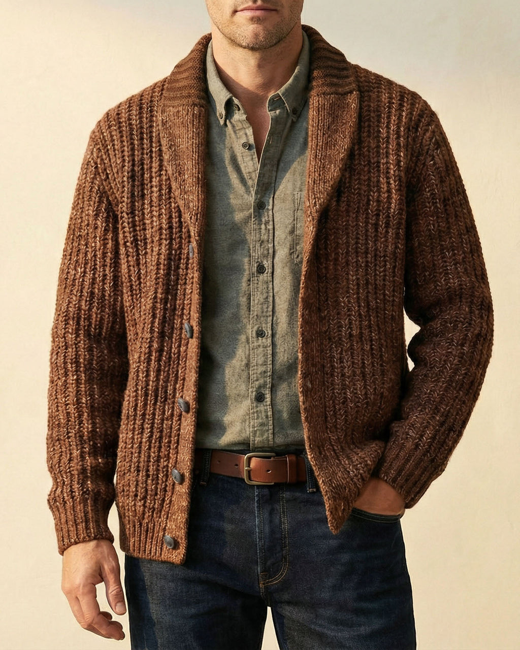 Men's shawl collar cardigan sweater in chunky ribbed marled knit - view 9