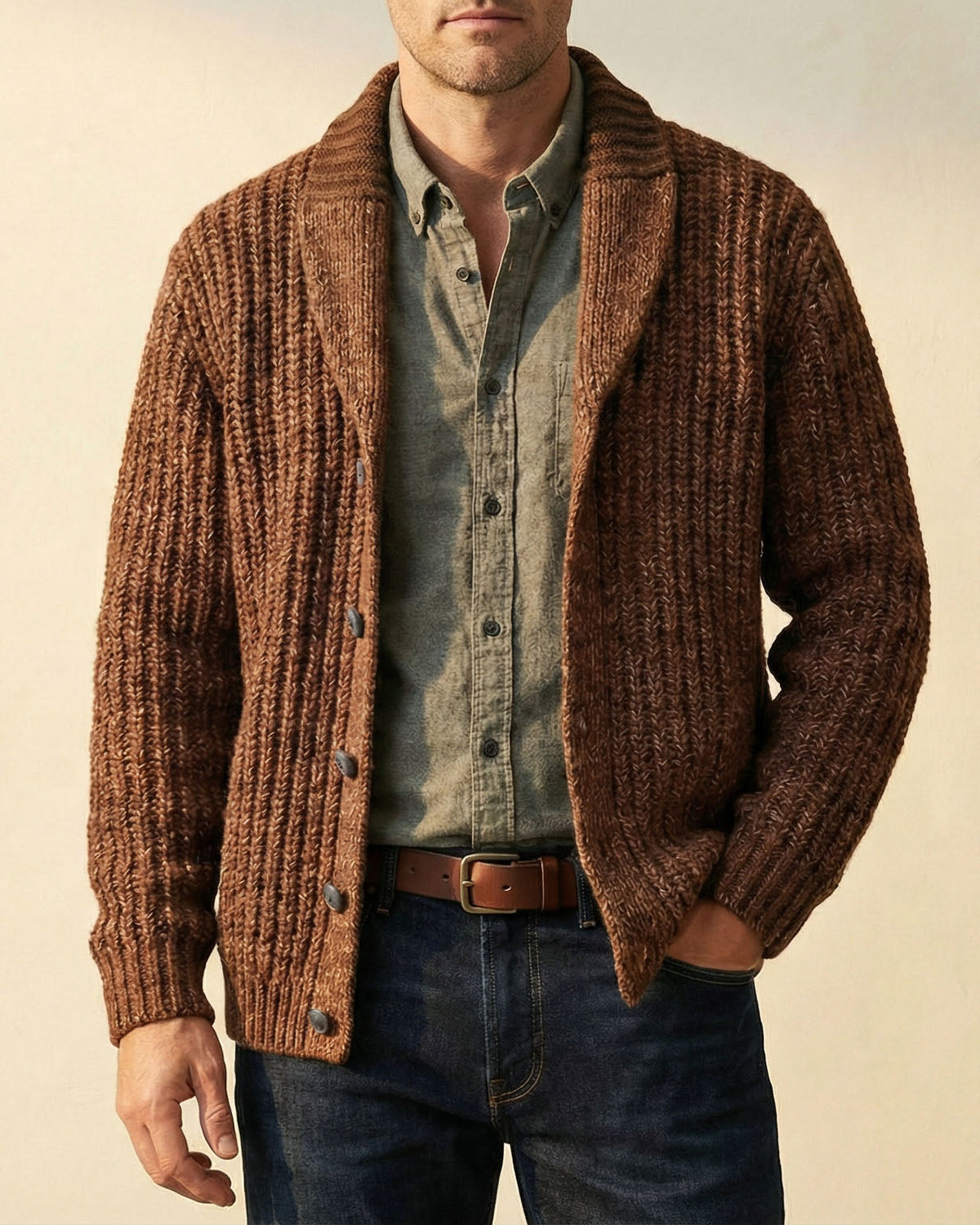 Men's shawl collar cardigan sweater in chunky ribbed marled knit - view 9