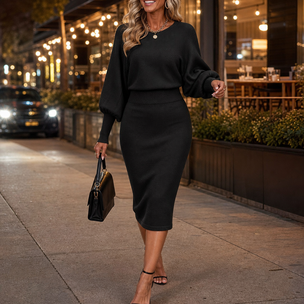 Matching balloon sleeve sweater and fitted midi skirt set - view 2