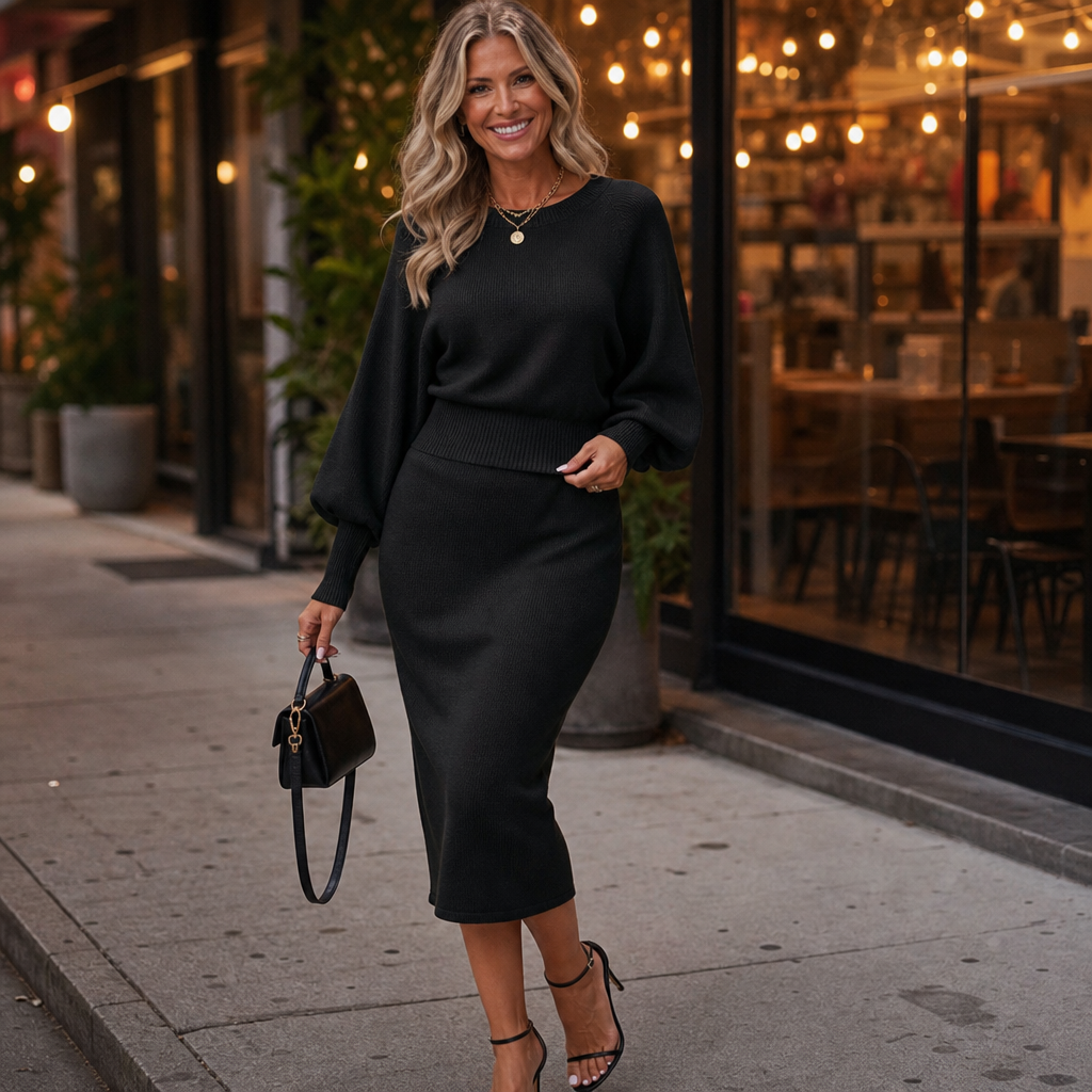 Matching balloon sleeve sweater and fitted midi skirt set - view 3