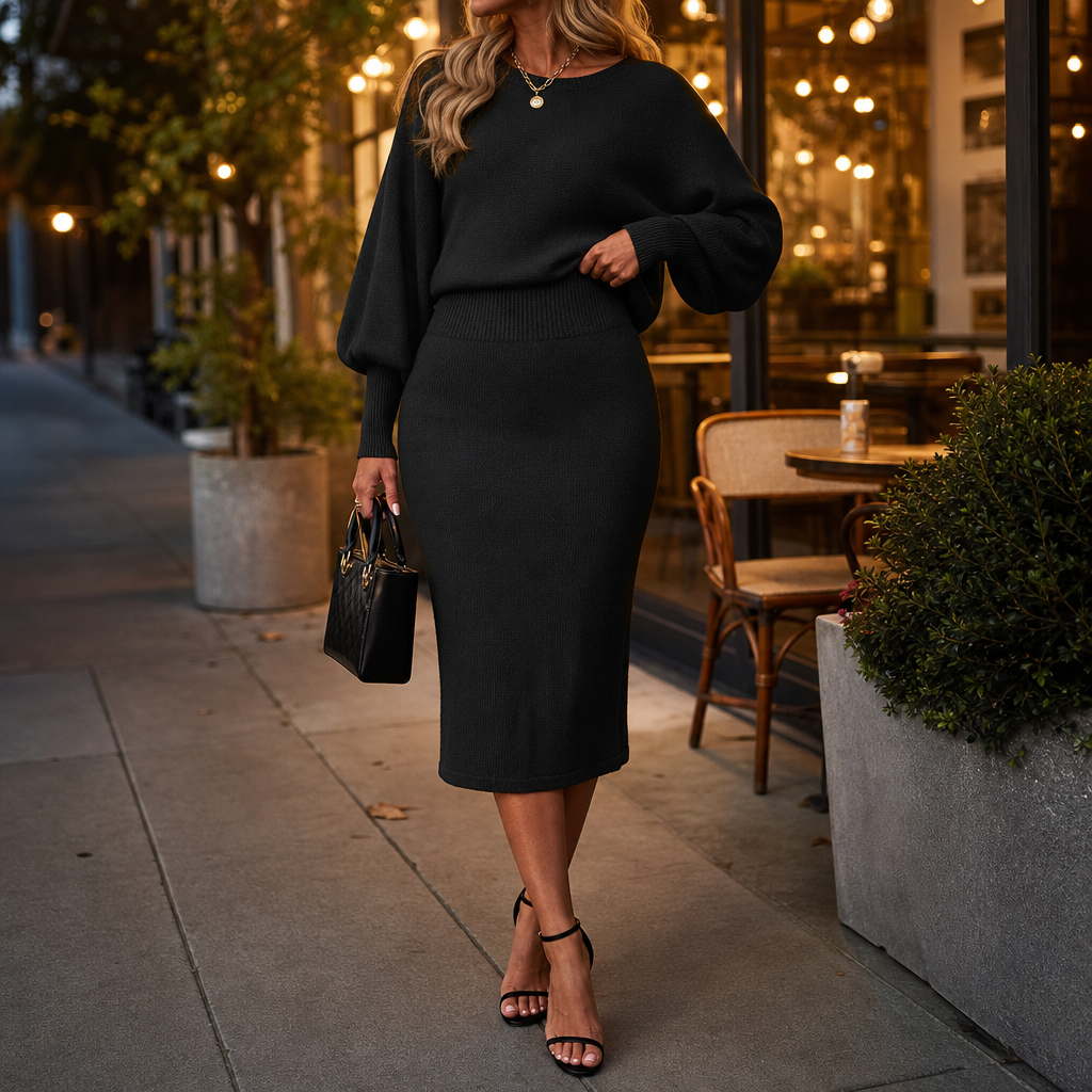 Matching balloon sleeve sweater and fitted midi skirt set - view 5