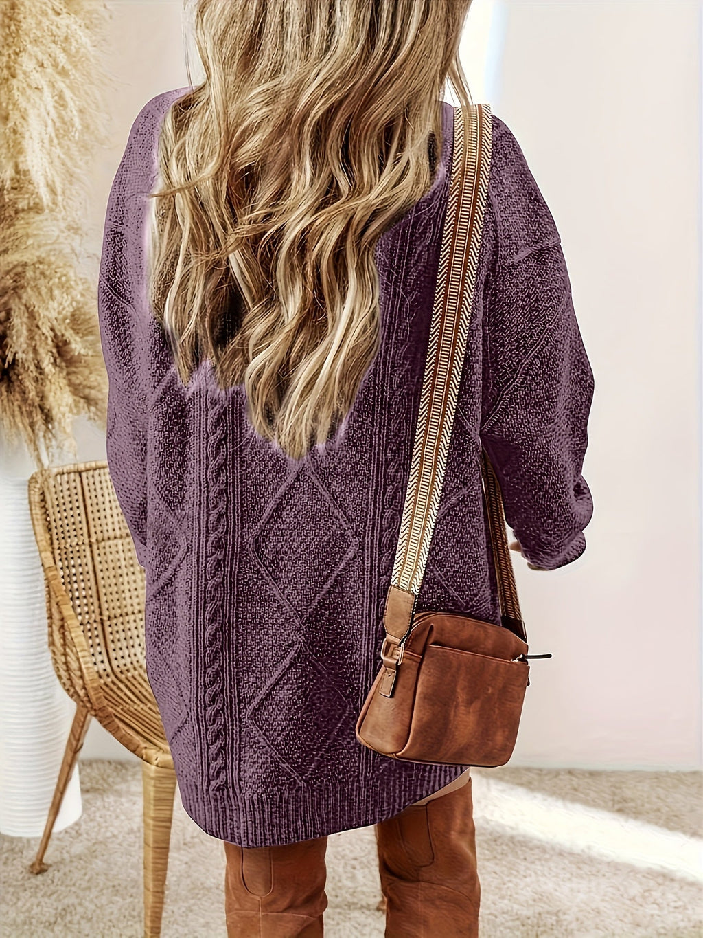 Oversized cable knit jumper dress with diamond pattern and round neck - view 2