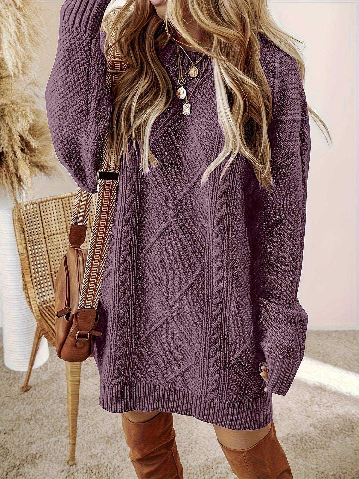 Oversized cable knit jumper dress with diamond pattern and round neck - view 3
