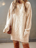 Oversized cable knit jumper dress with diamond pattern and round neck - view 4