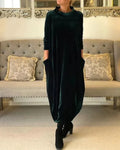 Velvet high neck long sleeve midi dress with patch pockets