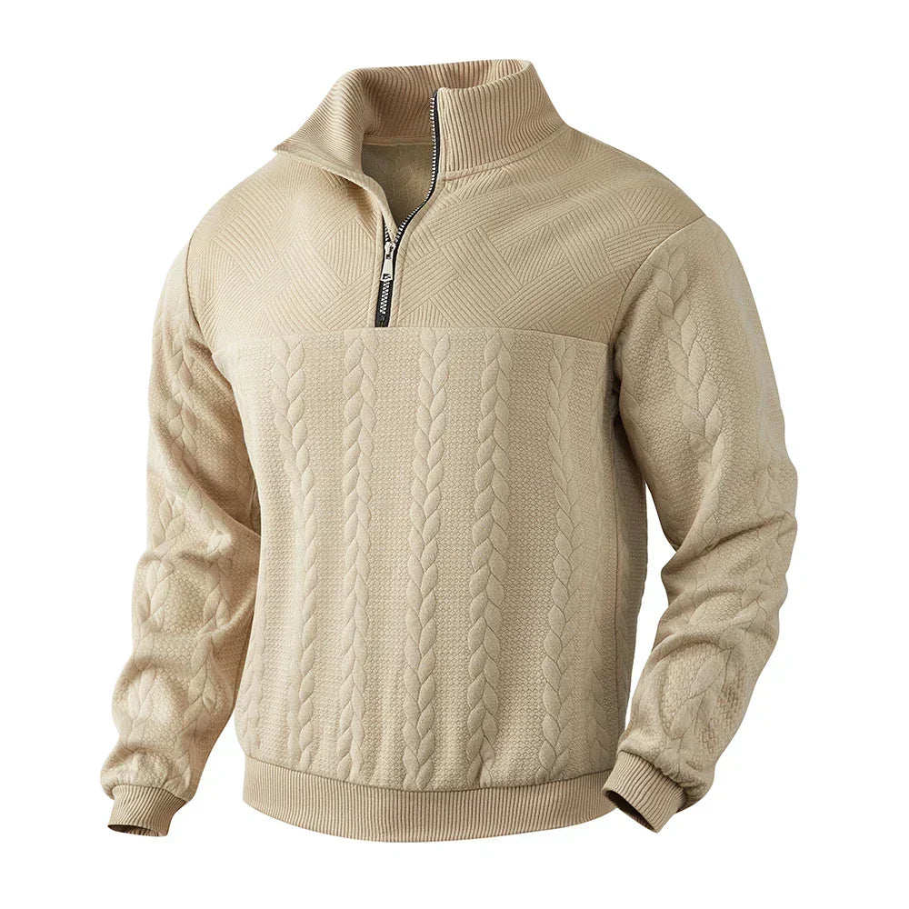 Men's cable knit quarter zip jumper with stand collar and ribbed cuffs