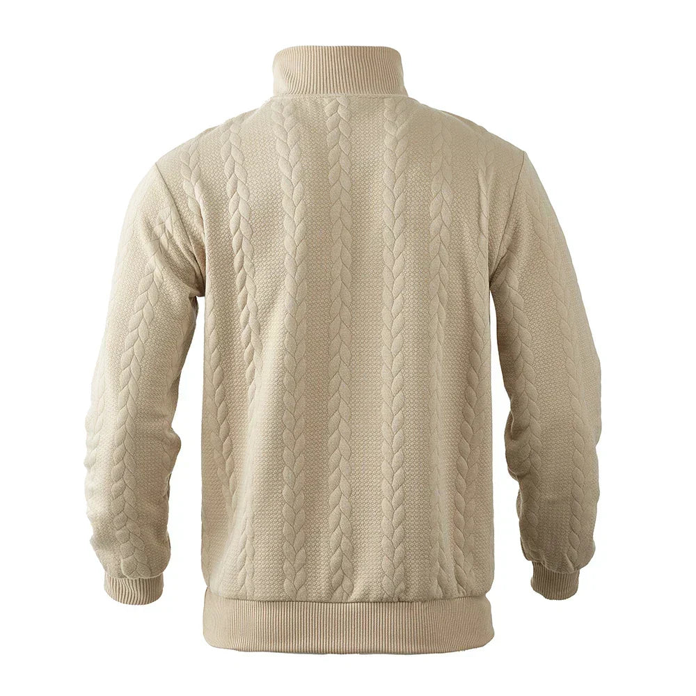 Men's cable knit quarter zip jumper with stand collar and ribbed cuffs - view 2