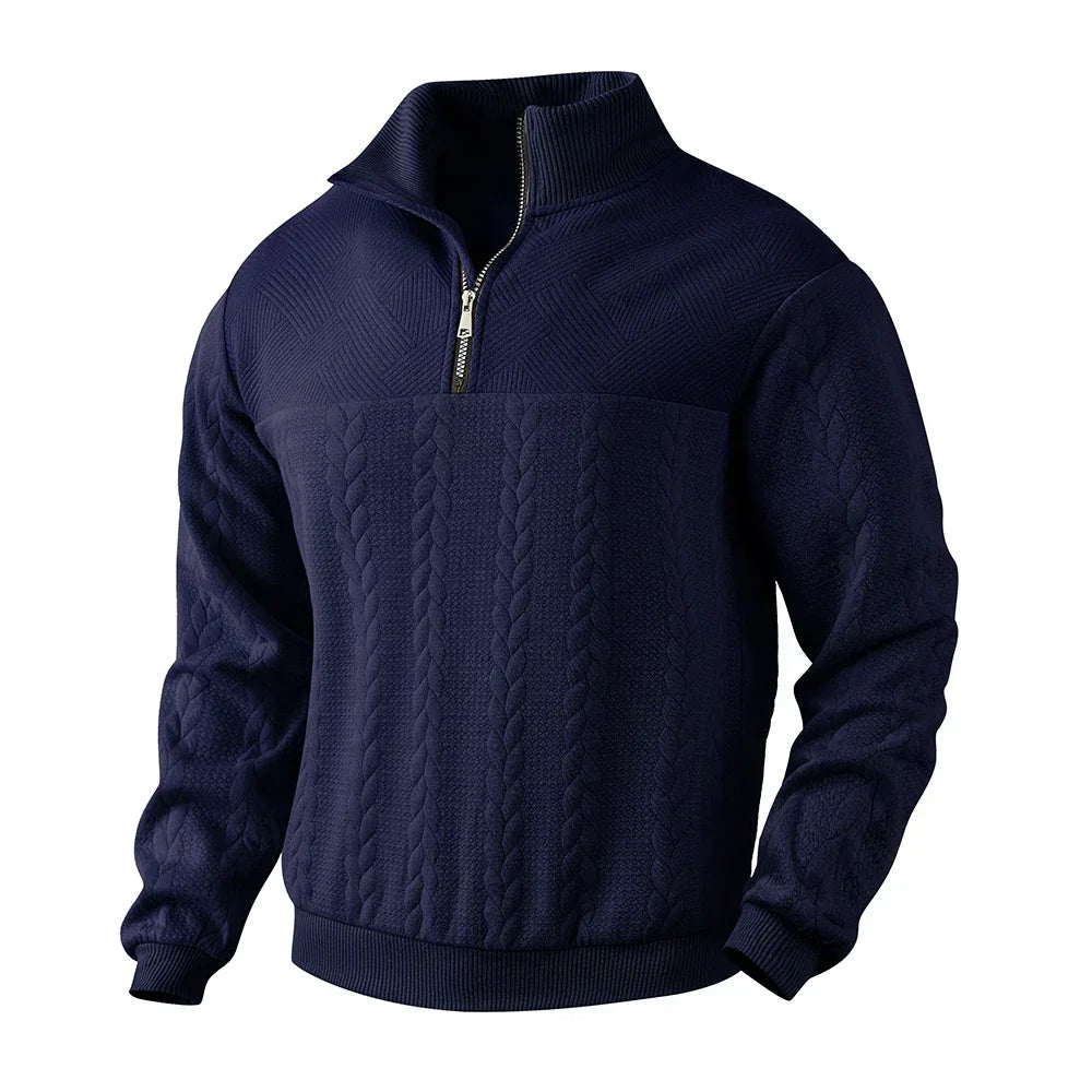 Men's cable knit quarter zip jumper with stand collar and ribbed cuffs - view 3