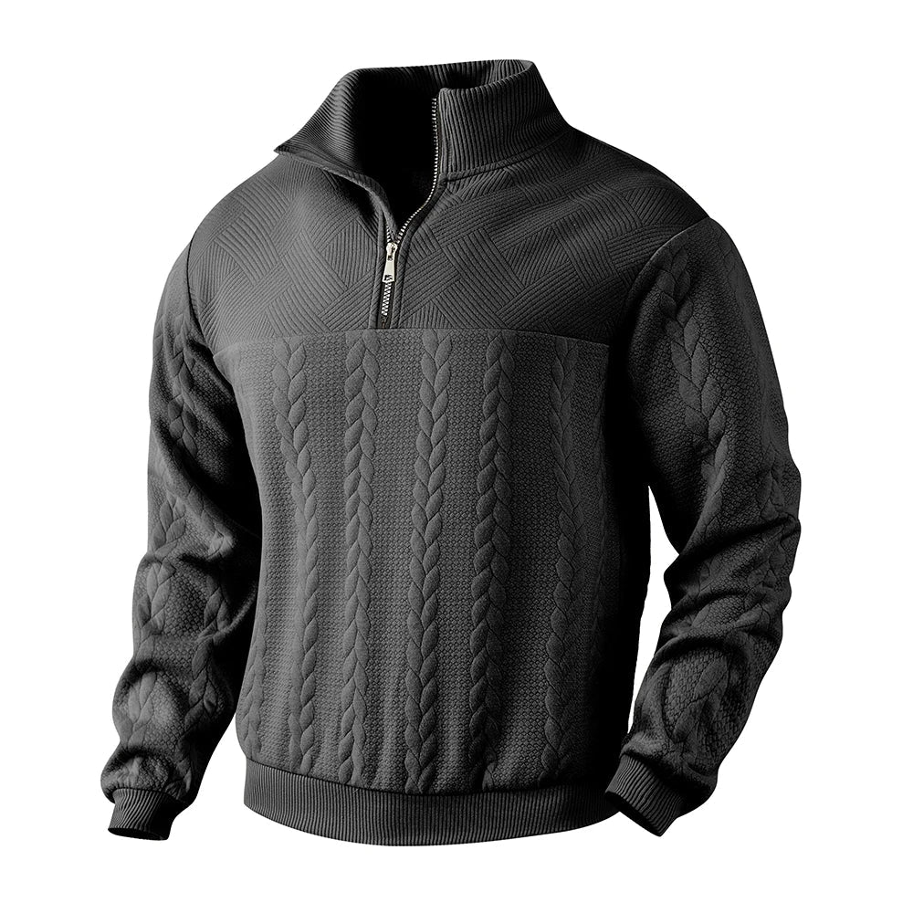 Men's cable knit quarter zip jumper with stand collar and ribbed cuffs - view 4