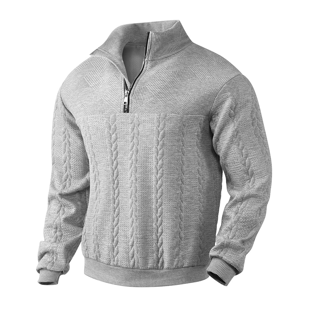 Men's cable knit quarter zip jumper with stand collar and ribbed cuffs - view 5