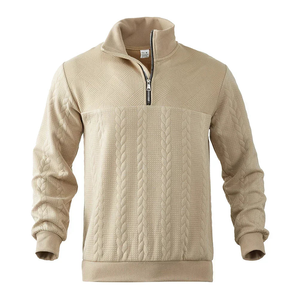 Men's cable knit quarter zip jumper with stand collar and ribbed cuffs - view 9
