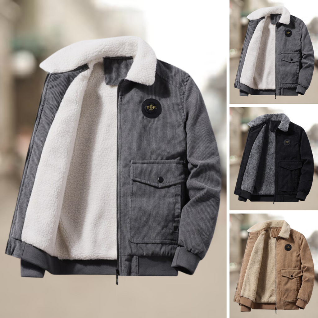 Men's corded rib sherpa collar bomber jacket, side view