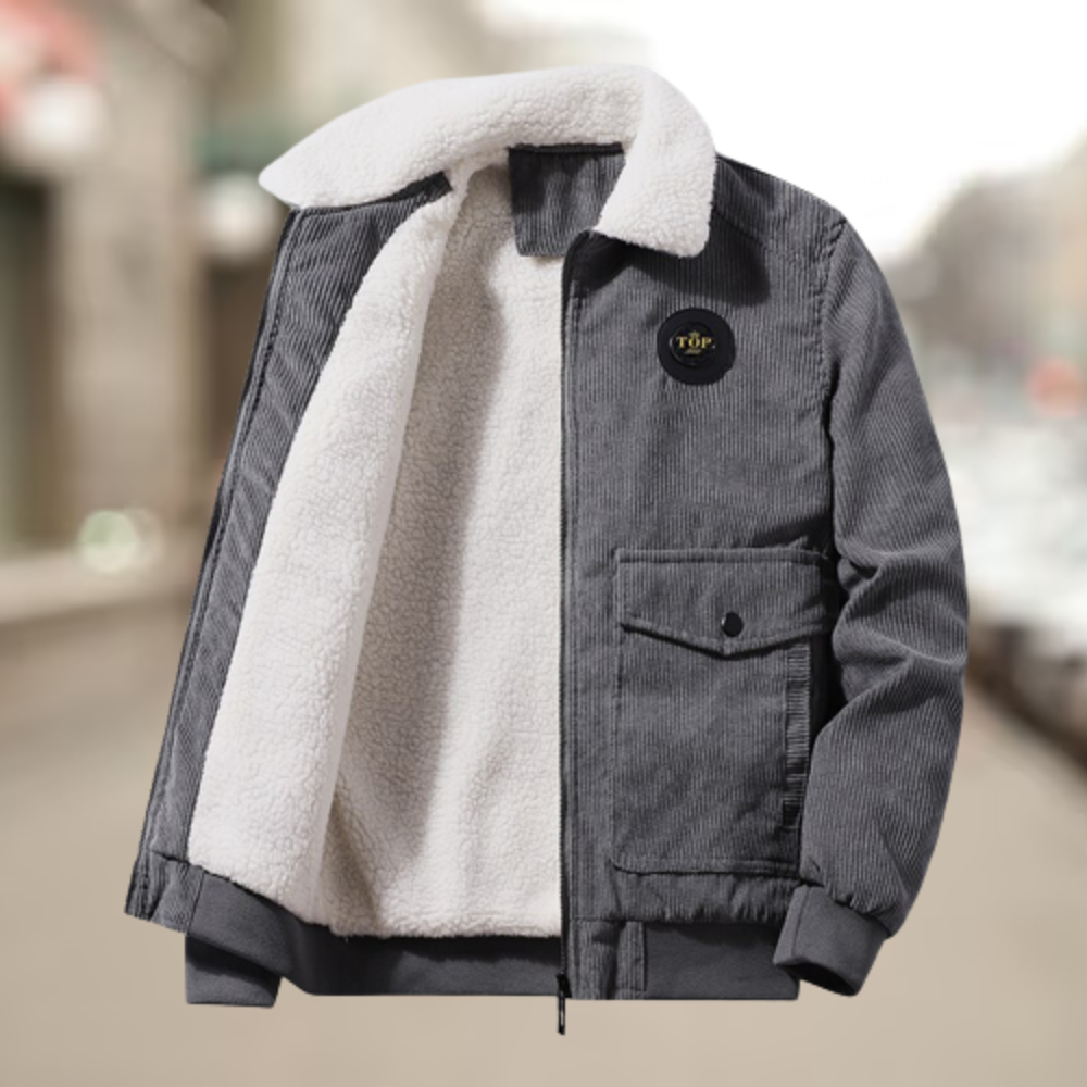 Men's corded rib sherpa collar bomber jacket, back view