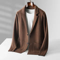 Men's knit cardigan sweater with notch lapels, two buttons and patch pockets