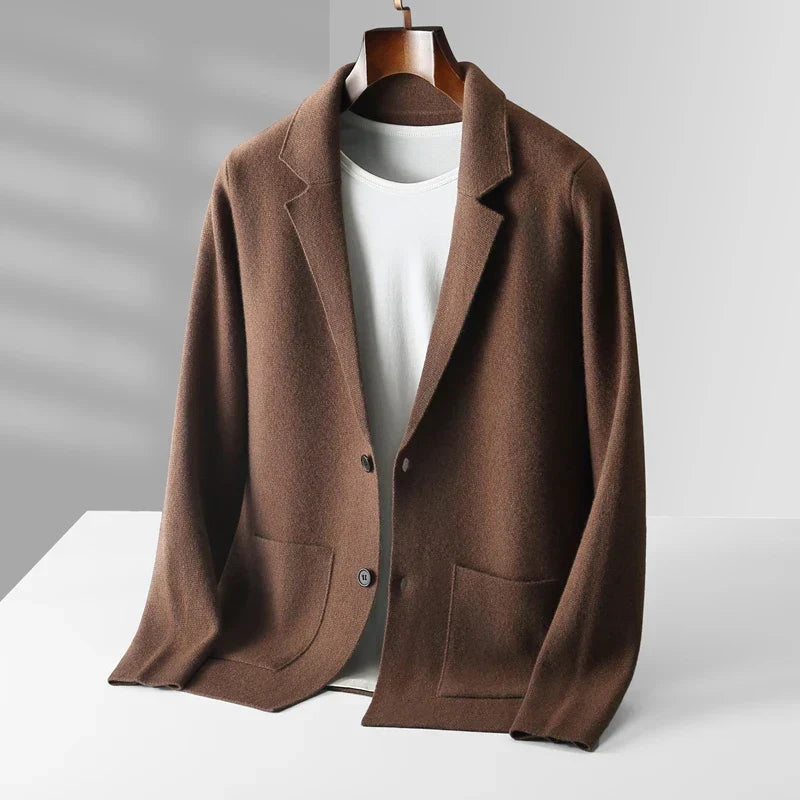 Men's knit cardigan sweater with notch lapels, two buttons and patch pockets