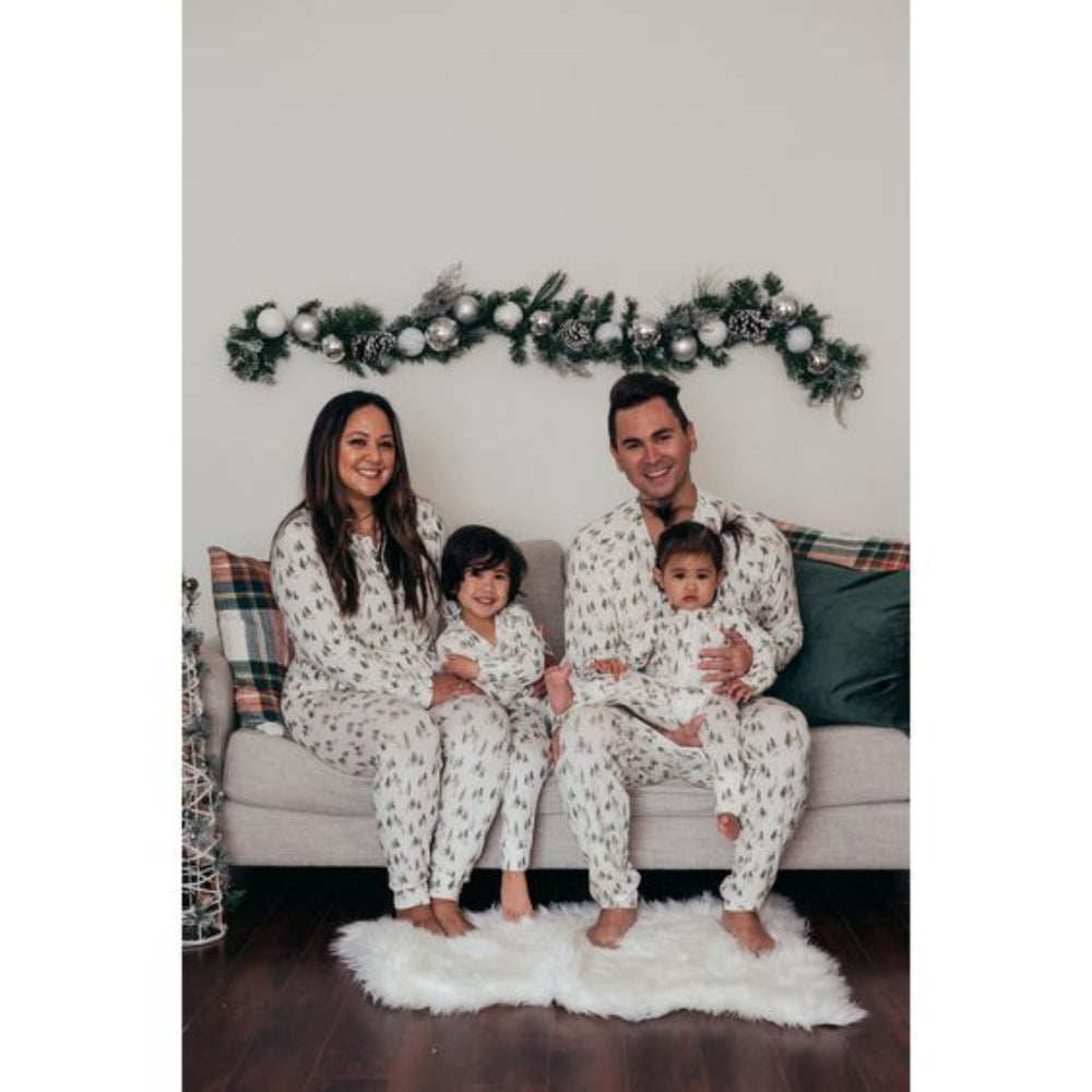 Matching family Christmas pyjamas with green watercolour pine tree print on white - view 10