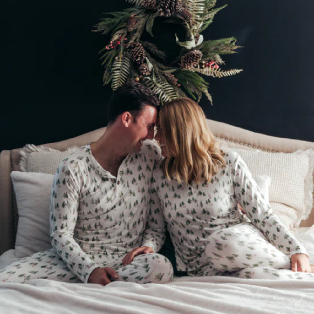 Matching family Christmas pyjamas with green watercolour pine tree print on white - view 11