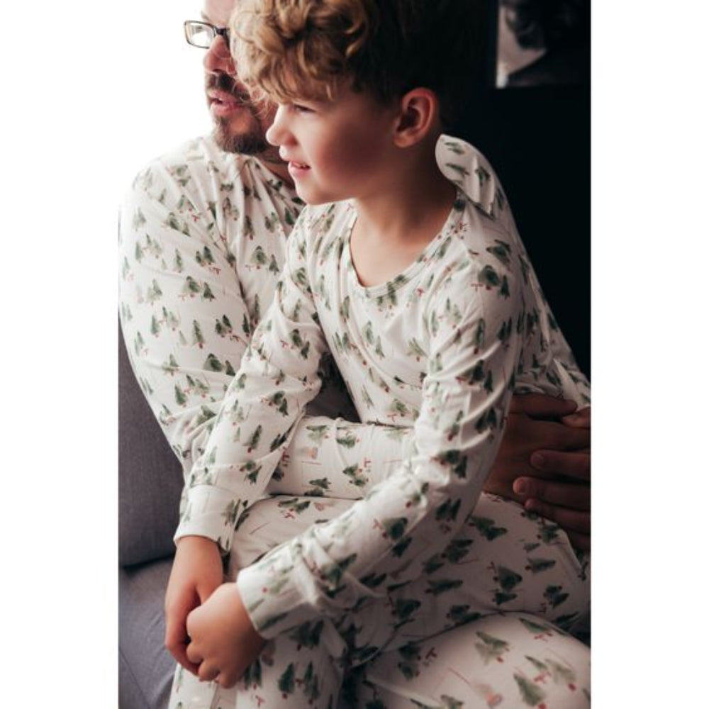 Matching family Christmas pyjamas with green watercolour pine tree print on white - view 6