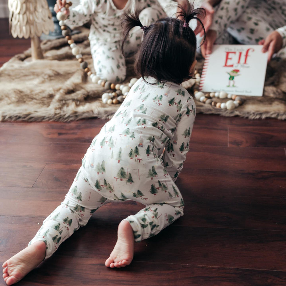 Matching family Christmas pyjamas with green watercolour pine tree print on white - view 7
