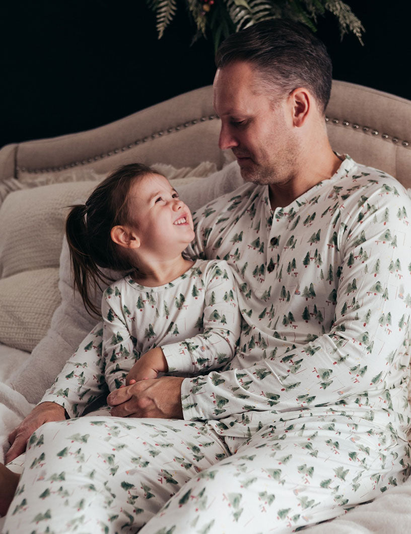 Matching family Christmas pyjamas with green watercolour pine tree print on white - view 8