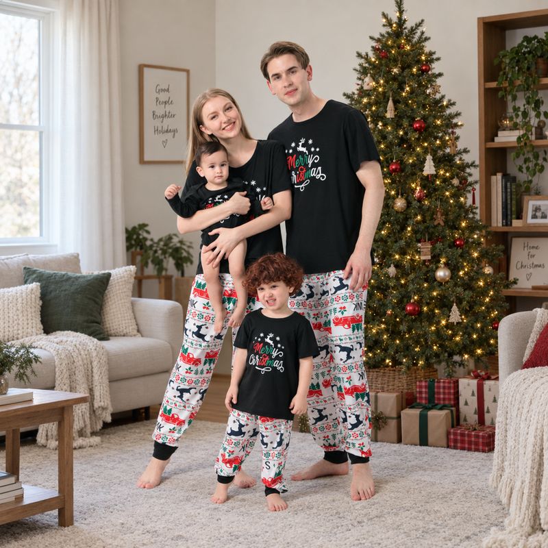 Christmas pajama set with black Merry Christmas tee and reindeer truck print jogger pants