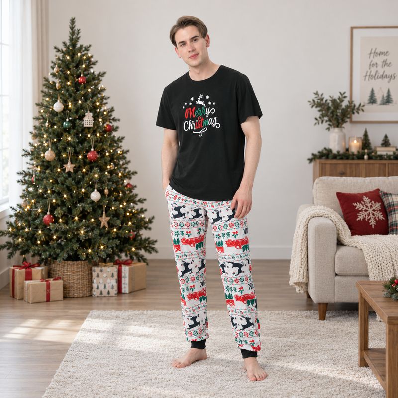 Christmas pajama set with black Merry Christmas tee and reindeer truck print jogger pants - view 2