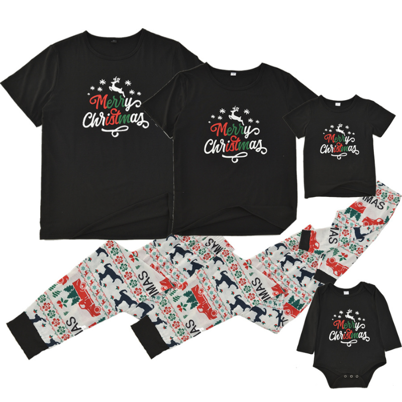 Christmas pajama set with black Merry Christmas tee and reindeer truck print jogger pants - view 6