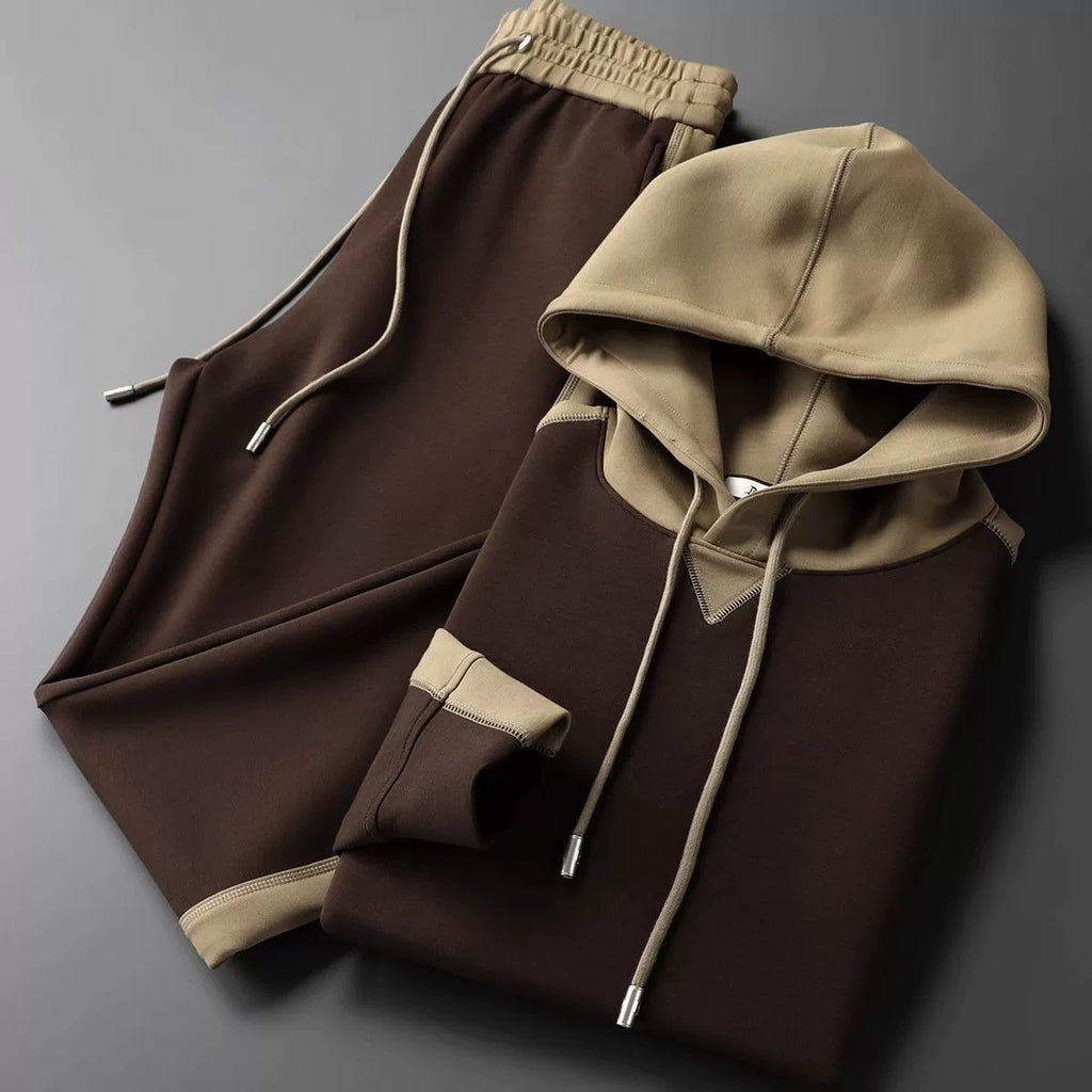 Men's two-tone hooded tracksuit with contrast hood and matching drawstring joggers
