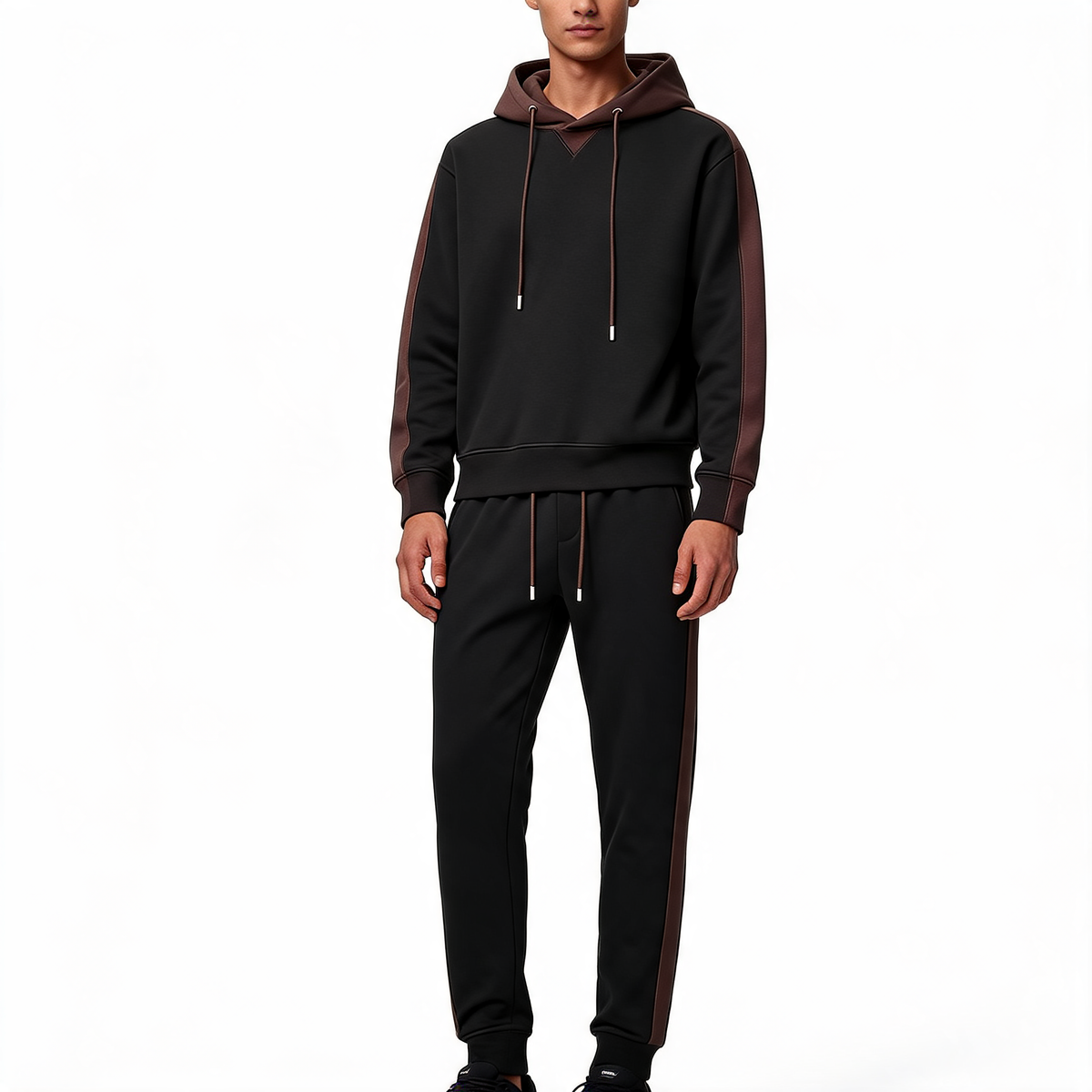 Men's two-tone hooded tracksuit with contrast hood and matching drawstring joggers - view 5