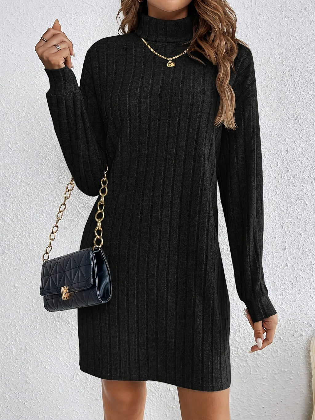 Ribbed roll neck sweater dress with long sleeves - view 11