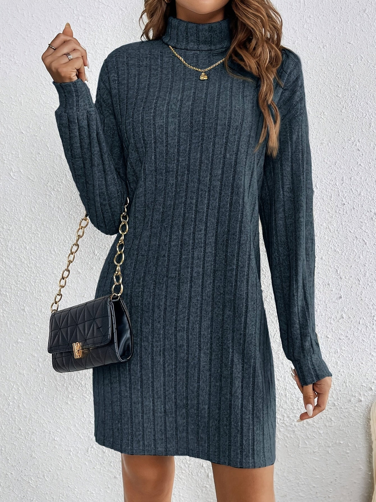 Ribbed roll neck sweater dress with long sleeves - view 17