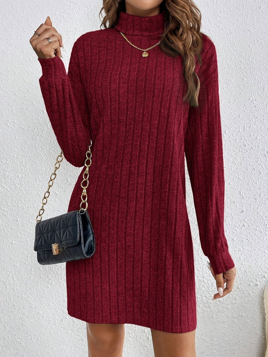 Ribbed roll neck sweater dress with long sleeves - view 24