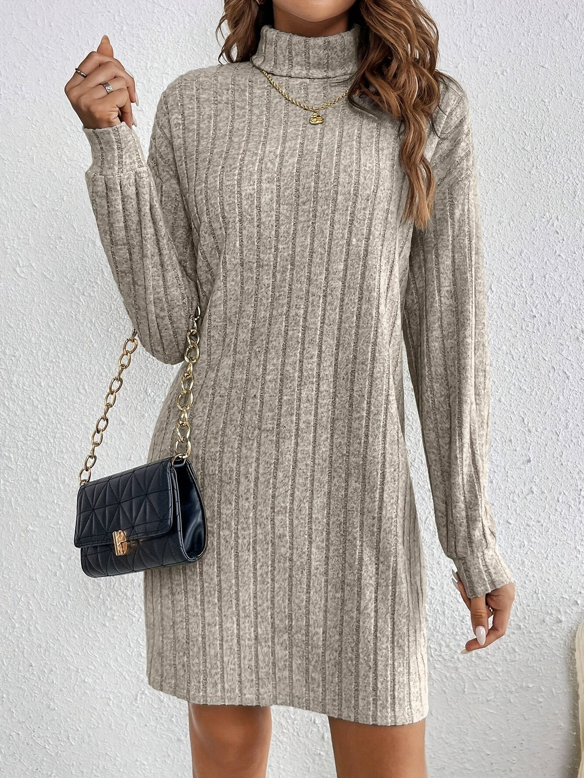 Ribbed roll neck sweater dress with long sleeves - view 5