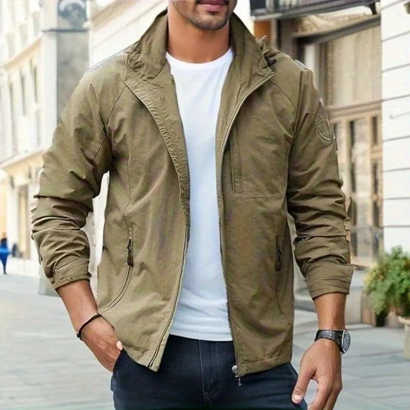 Men's detachable hood outdoor jacket, side view