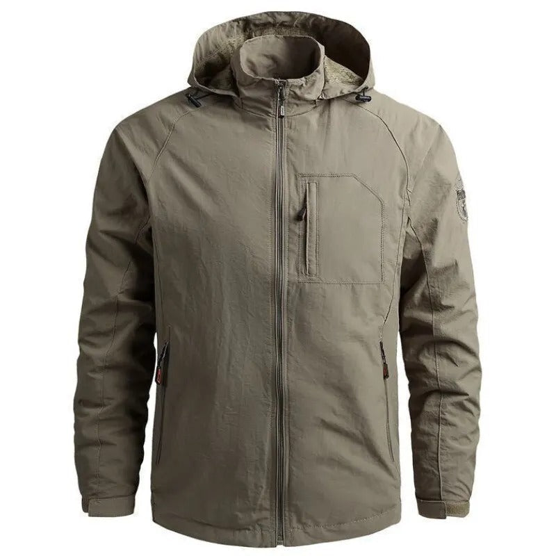 Men's detachable hood outdoor jacket, back view