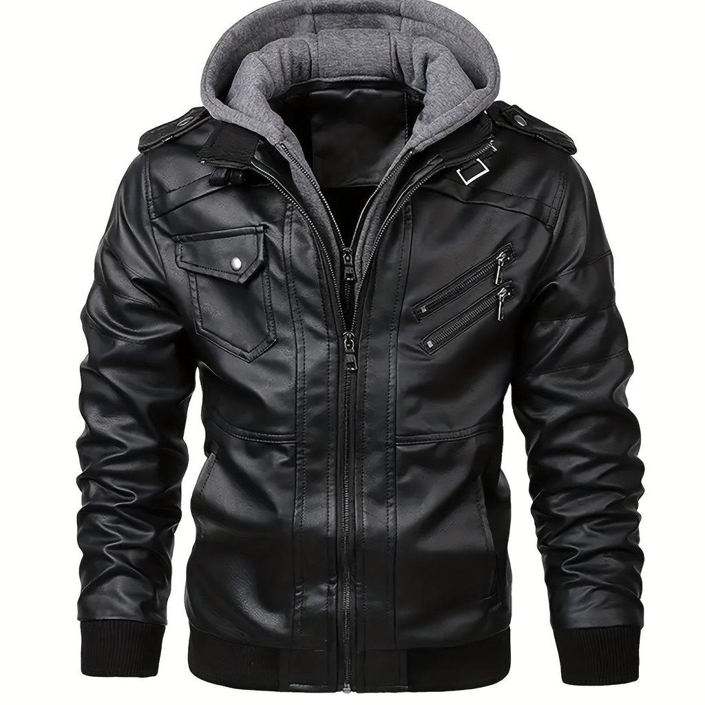 Men's hooded leather look biker jacket