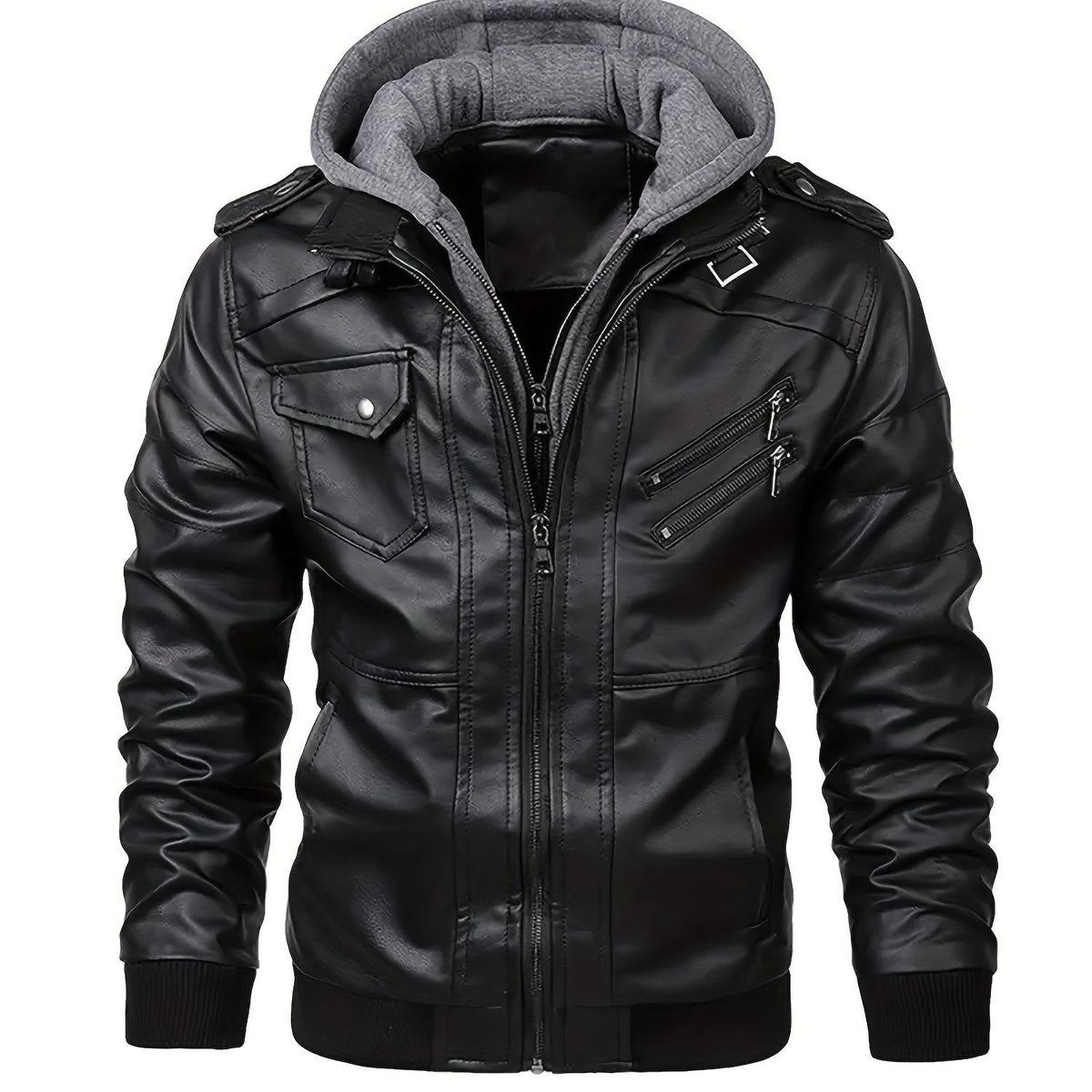 Men's hooded leather look biker jacket