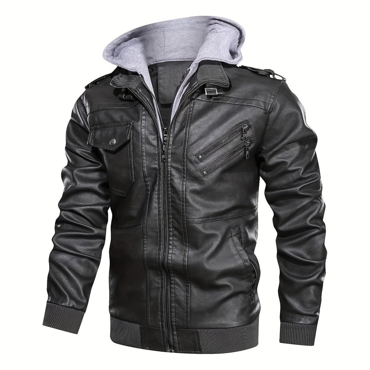 Men's hooded leather look biker jacket, side view