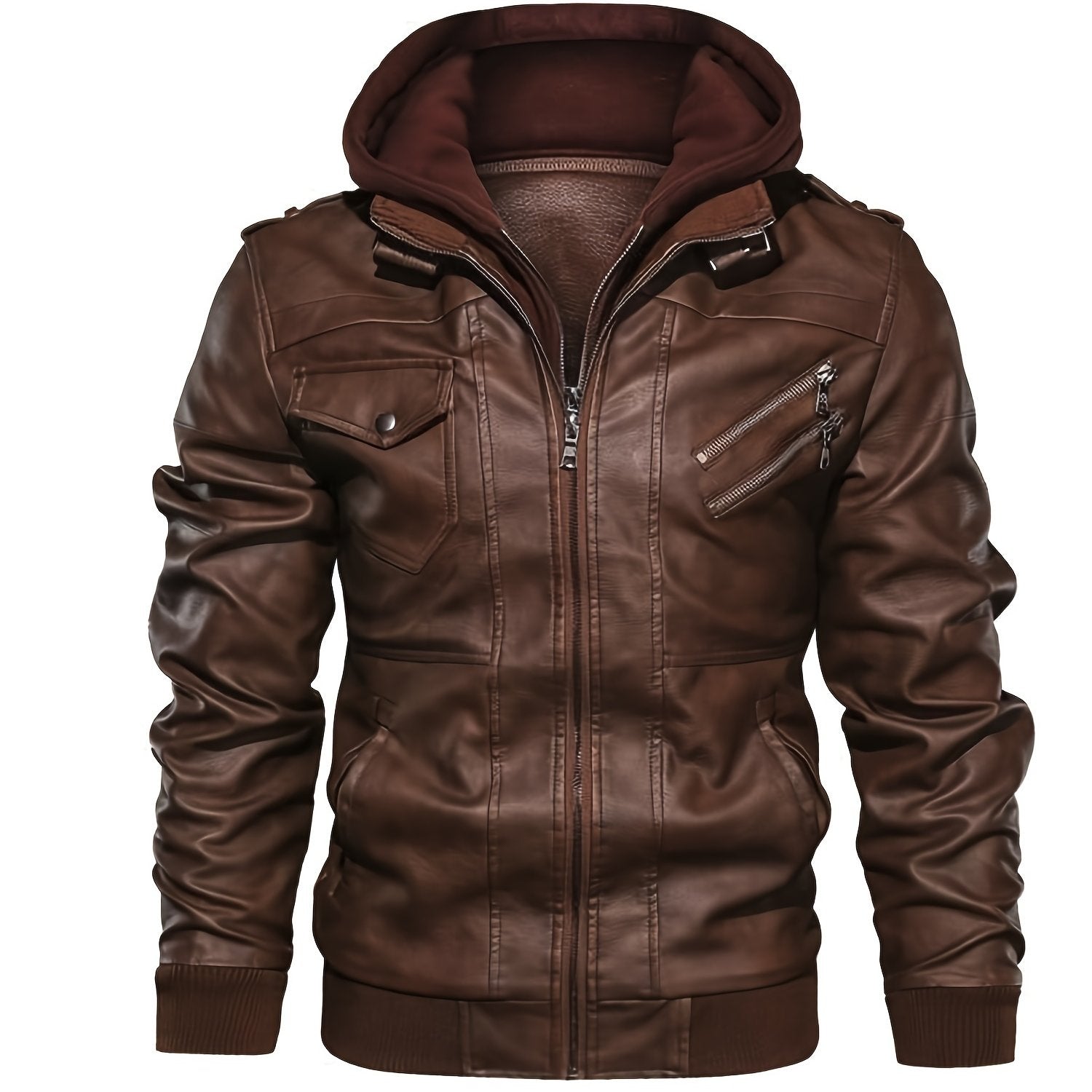 Men's hooded leather look biker jacket, back view